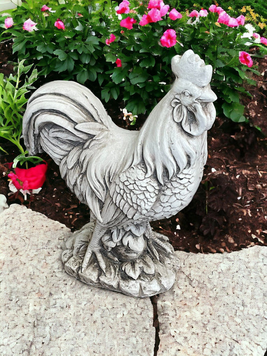 White Stone Effect Cockerel Statue Decorative Garden Ornament